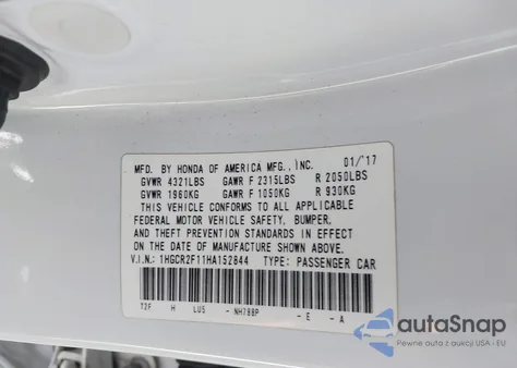 2017 Honda Accord Sport Se from USA, damaged, VIN 1HGCR2F11HA152844